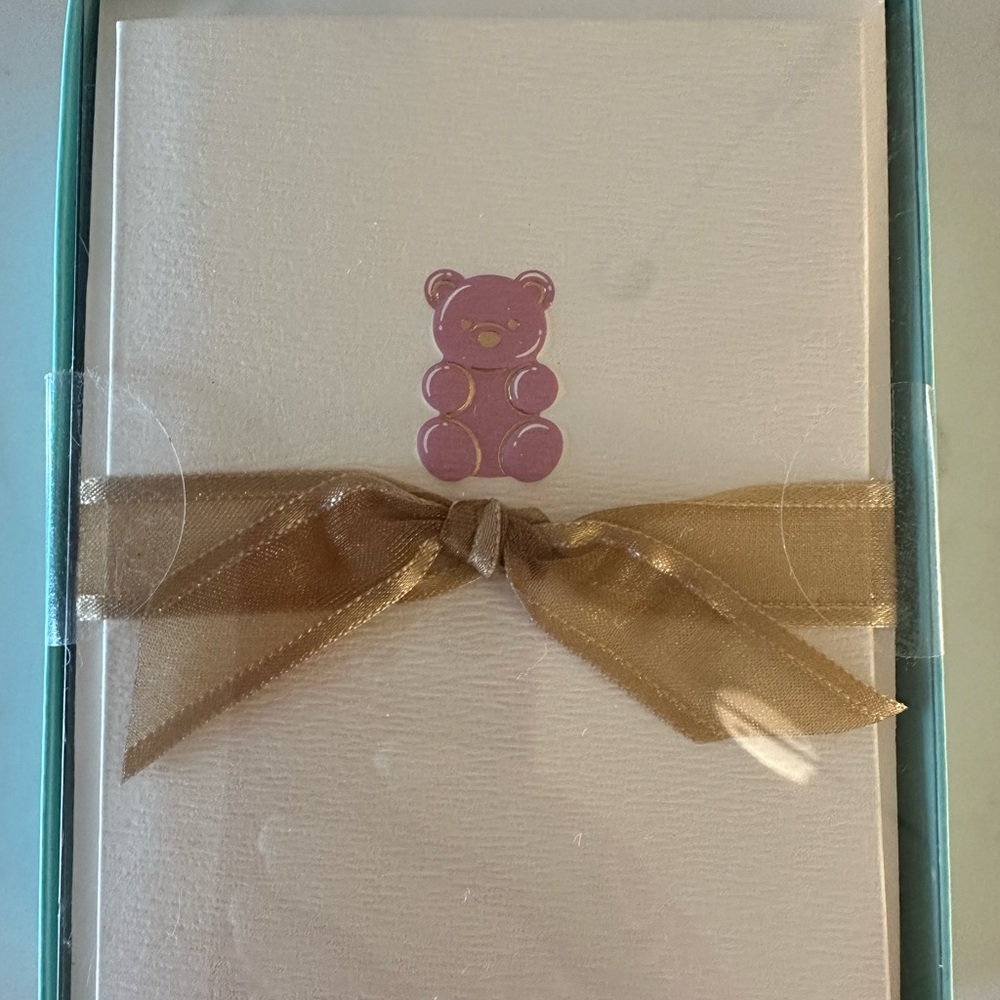 Pink Bear and Gold Ribbon Cream Stationery Set of 10 NIB